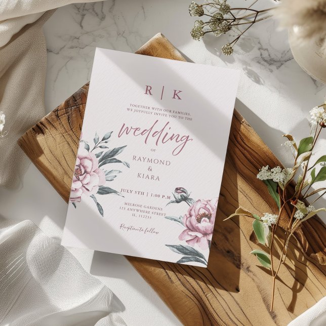 Elegant Minimal Dusky Rosa Peony Blommigt Bröllop Inbjudningar (watercolor peony dusky pink wedding invitation
)