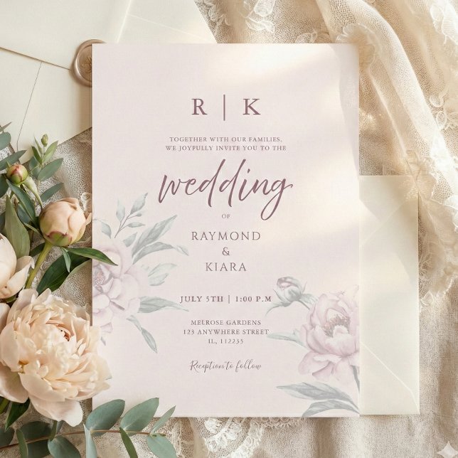 Elegant Minimal Dyster Rosa Peony Blommig Bröllop  Inbjudningar (pink peony personalized wedding invitation)