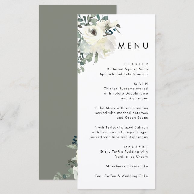 Elegant Minimal Elfenbensvit Blommig Olivgrön Bröl Meny (Fram/baksida)