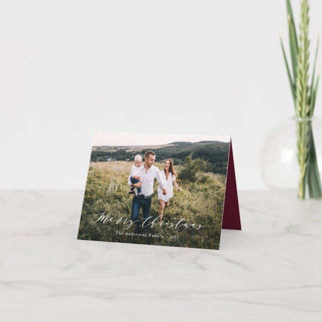 Elegant minimal fotojulskript, burgundy Ho Helgkort (Framsida)