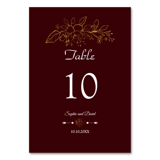 Elegant Minimal Gold Floral Deep Burgundy Wedding Bordsnummer (Framsidan)