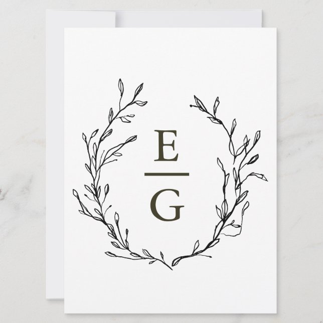Elegant Minimal Greenery Bröllop Monogram Inbjudningar (Framsida)
