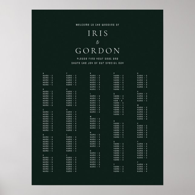 Elegant Minimal Grönt Alfabetiskt sittningsschema Poster (Framsidan)