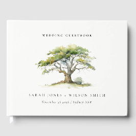 Elegant Minimal Grönt Vattenfärgsomk Träd Bröllop Gästböcker
