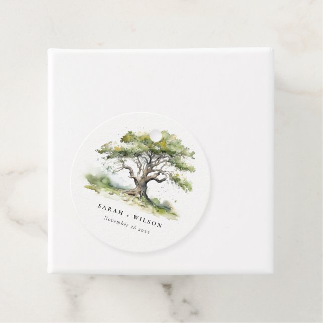 Elegant Minimal Grönt Vattenfärgsomk Träd Bröllop Gåvor Etiketter (På plats)