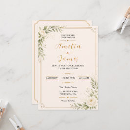 Elegant Minimal Guld Blommig Bröllopsinbjudan Inbjudningar