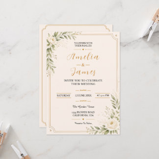 Elegant Minimal Guld Blommig Bröllopsinbjudan Inbjudningar