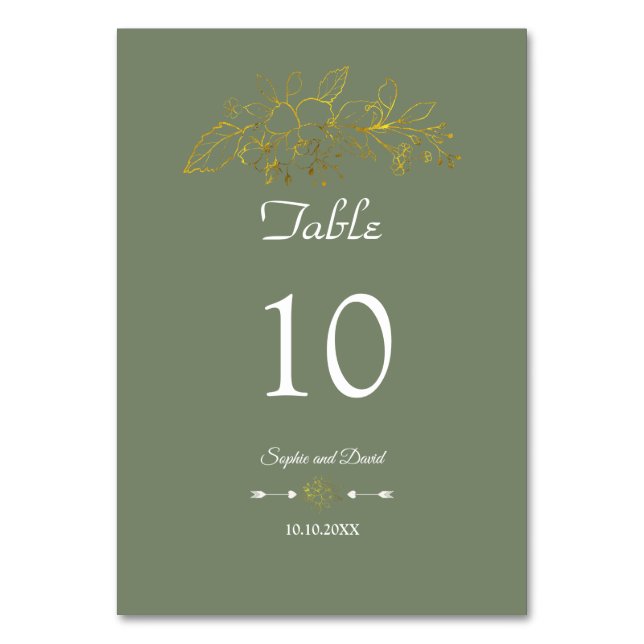Elegant Minimal Guld Blommig Sage Grön Bröllop Bordsnummer (Framsidan)