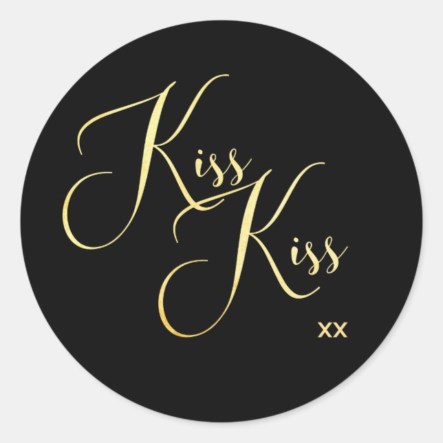 Elegant Minimal Guld Script Font Kyss Kyss Sats Runt Klistermärke (Framsida)