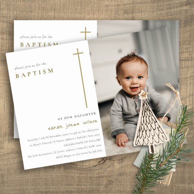 Elegant Minimal Guld-typografi Fotobaptism Inbjudningar (Skapare uppladdad)