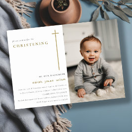 Elegant Minimal Guld Typography Photo Christening Inbjudningar