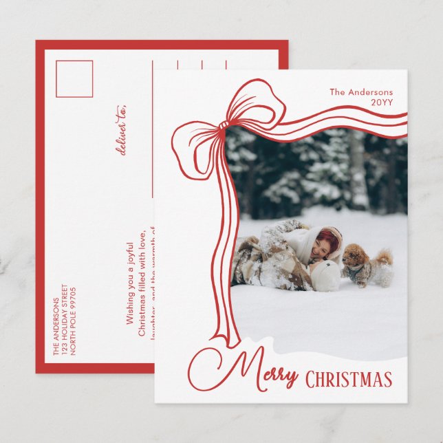 Elegant Minimal Handritad Röd Slinga Jul Helg Vykort (Fram/baksida)