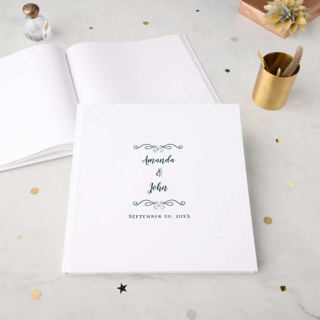 Elegant Minimal Kalligrafi Bröllop Smaragdgrön Gästböcker (Framsidan öppen)