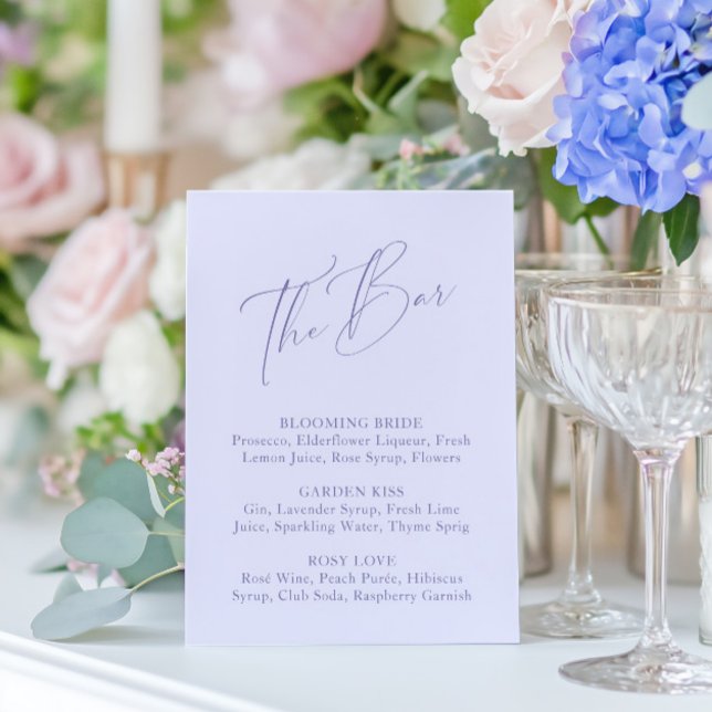 Elegant Minimal Lavender Möhippa Pub Menu (Elegant Minimal Lavender Bridal Shower Bar Menu)