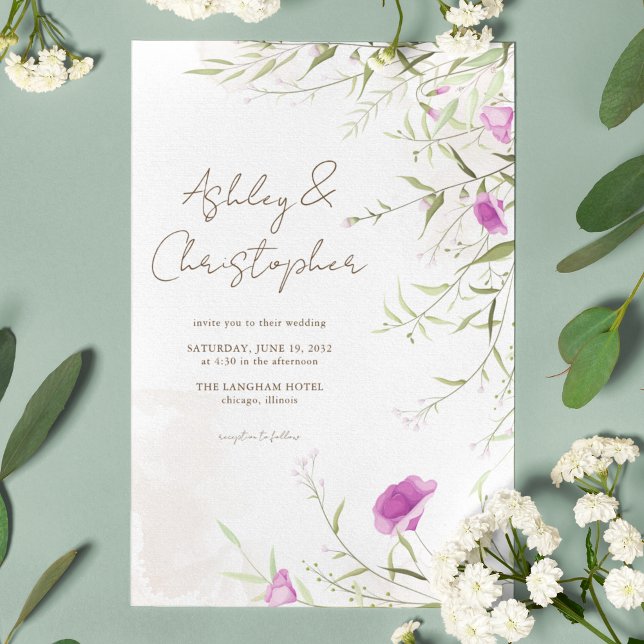 Elegant Minimal Lavender Wildblomma Bröllop Inbjudningar (Skapare uppladdad)