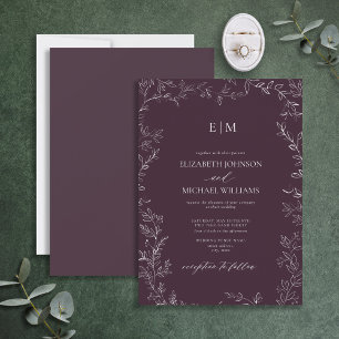 Elegant Minimal Lila av Löv Plum Monogram Bröllop Inbjudningar