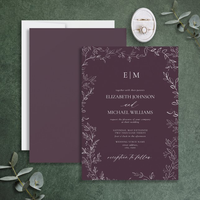 Elegant Minimal Lila av Löv Plum  Monogram Bröllop Inbjudningar (Skapare uppladdad)