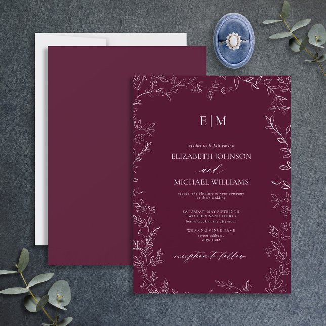 Elegant Minimal Löv Burgundy Monogram Bröllop Inbjudningar (Skapare uppladdad)