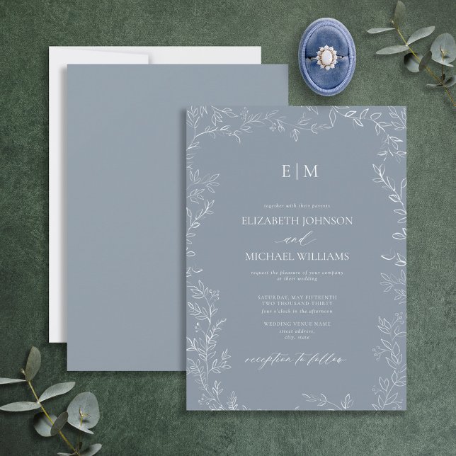 Elegant Minimal Löv Dusty Blue Monogram Bröllop Inbjudningar (Skapare uppladdad)