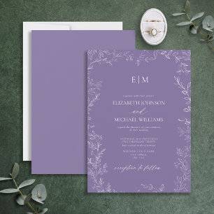 Elegant Minimal Löv Lavender Monogram Bröllop Inbjudningar
