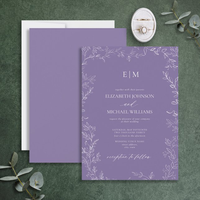 Elegant Minimal Löv Lavender Monogram Bröllop Inbjudningar (Skapare uppladdad)