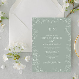 Elegant Minimal Löv Sage Grönt Monogram Bröllop Inbjudningar