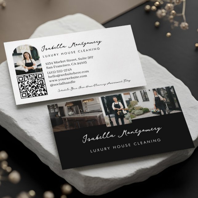 Elegant Minimal Lyxig Husstädning Foto QR Visitkort (Elegant Minimal Luxury House Cleaning Photo QR Business Card)