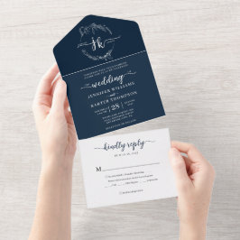 Elegant Minimal marin Blommigt, blå monogram Bröll