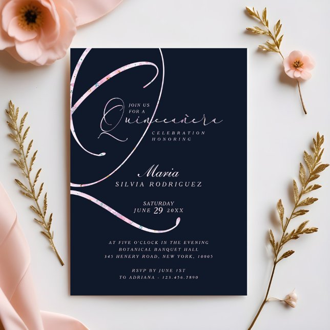 Elegant Minimal marin och Rosa-skript Quinceañera Inbjudningar (Elegant Minimal Navy & Pink Script Quinceañera Invitation)