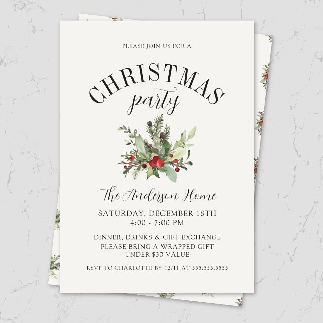 Elegant Minimal Misteltoe Julfirande Fest Inbjudningar (Image of elegant, modern mistletoe Christmas party invitation with neutral festive  old money script)