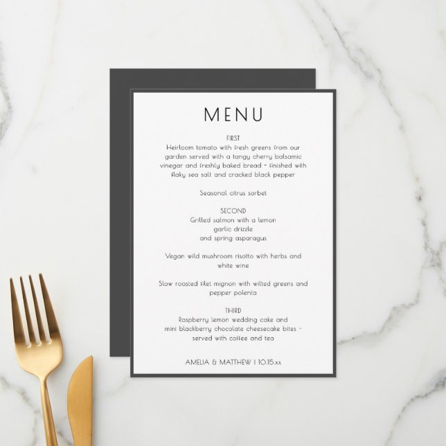 Elegant Minimal Modern White Simple Wedding Dinner Meny (Fram/Back In Situ)