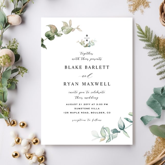 Elegant Minimal monogram Greenery Bröllop Inbjudningar (Skapare uppladdad)