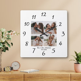 elegant minimal mrs & mr 4 bilder kollage bröllop fyrkantig klocka