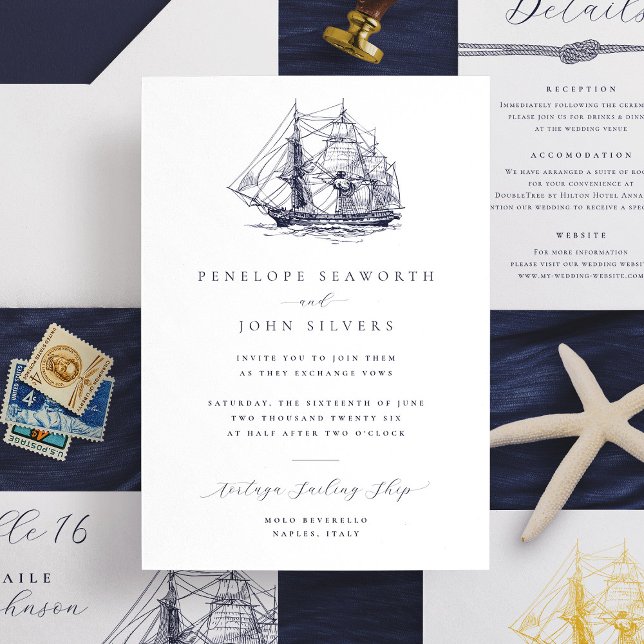 Elegant Minimal Nautisk Frakt Illustration Bröllop Inbjudningar (Elegant wedding invitation with illustration of a sailing ship)