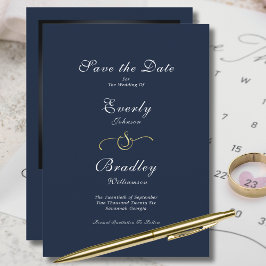 Elegant Minimal Navy Gold Script Spara Datum Inbjudningar