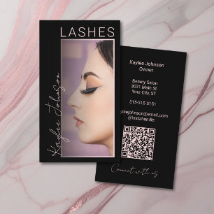 Elegant Minimal Ögonfransartist Foto QR Svart Blus Visitkort