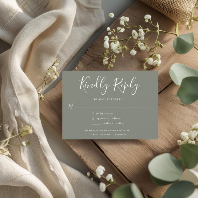 Elegant Minimal Olivgrön Bröllops-RSVP Inbjudan Vykort (Skapare uppladdad)