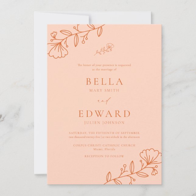 Elegant Minimal Peach Blommigt Bröllop Inbjudningar (Framsida)