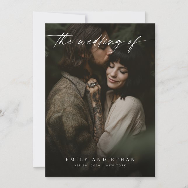 Elegant Minimal QR-kod Modern Moody foto Bröllop Inbjudningar (Framsida)