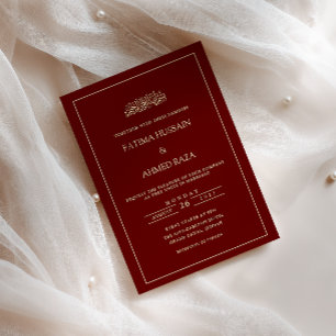 Elegant Minimal Ram Gold Burgundy Muslim Bröllop Inbjudningar