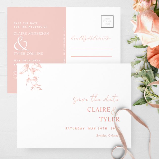 Elegant minimal,  Rosa Bröllop spara datum Vykort (Skapare uppladdad)