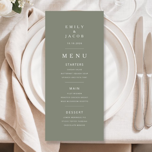 Elegant Minimal Salvia Grön Bröllop Meny (Elegant Minimal Sage Green Wedding Menu)