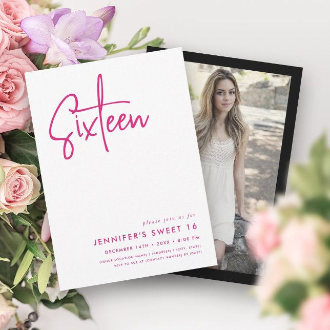 Elegant Minimal Shock rosa Vit fotogodis 16 Inbjudningar (Elegant Minimal Hot Pink White Photo Sweet 16 Invitation)