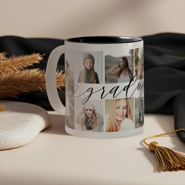 Elegant Minimal Student-skriptfotosamling Två-Tonad Mugg (Elegant Minimal Graduate Script Photo Collate Two-Tone Coffee Mug)