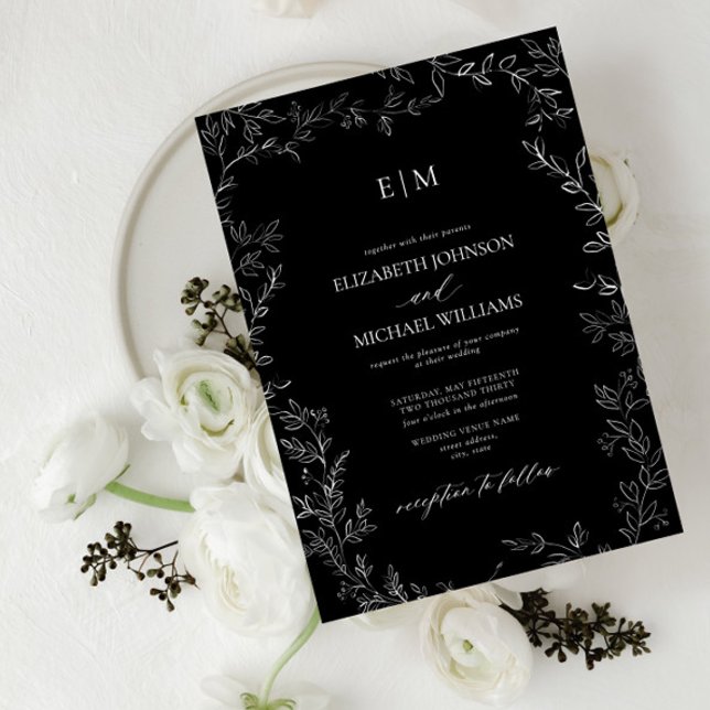Elegant Minimal svartvit Löv-monogram Bröllop Inbjudningar (Skapare uppladdad)