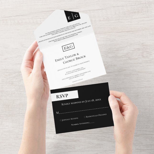Elegant Minimal svartvit monogram Bröllop (Avrivbar del)