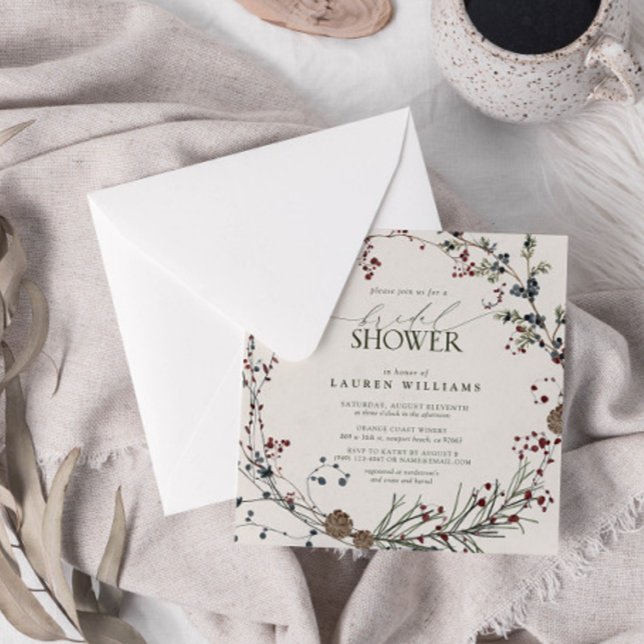 Elegant Minimal vattenfärg Berry Wandeerenery Inbjudningar (Join us in a winter wonderland of botanical bliss to shower the bride-to-be.)