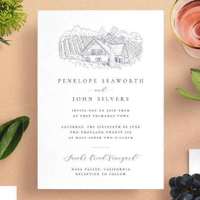 Elegant Minimal vinodling Illustration Bröllop Inbjudningar (Elegant Minimal Vineyard Illustration Wedding Invitation)