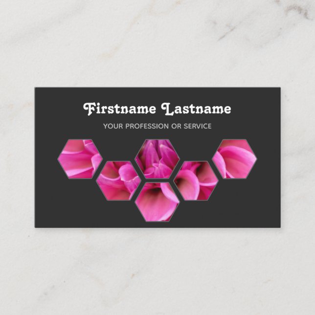 Elegant minimala blommar för rosa på grått-hexagon visitkort (Framsida)