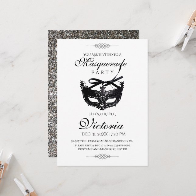 Elegant Minimalis Silver Masqueraad Party födelsed Inbjudningar (Fram/Back In Situ)